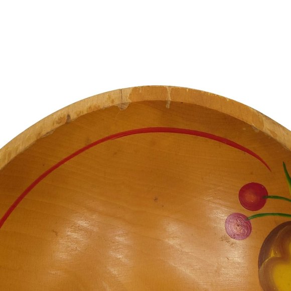 Vintage Wooden Salad Bowl Utensils Cherries Pear Apple Plums Hand Painted Oval - Picture 9 of 11